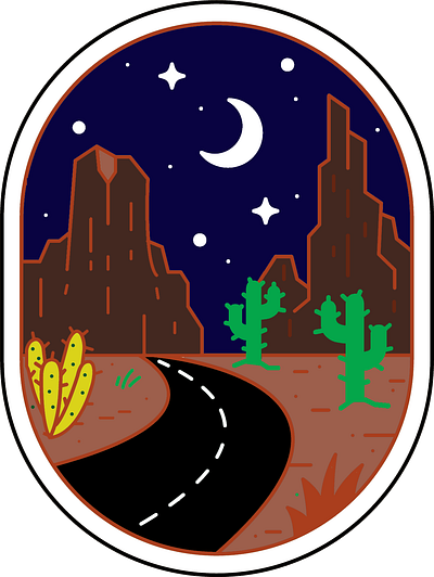 The Road to Nowhere cactus desert design moon mountains night road sky stars sticker