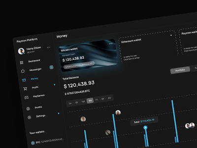 Cryptobanking Dashboard Dark UI 3d analytics app banking bitcoin card chat components crypto cryptocurrency dark ui dashboard design system ethereum messages money product schedule ui ux