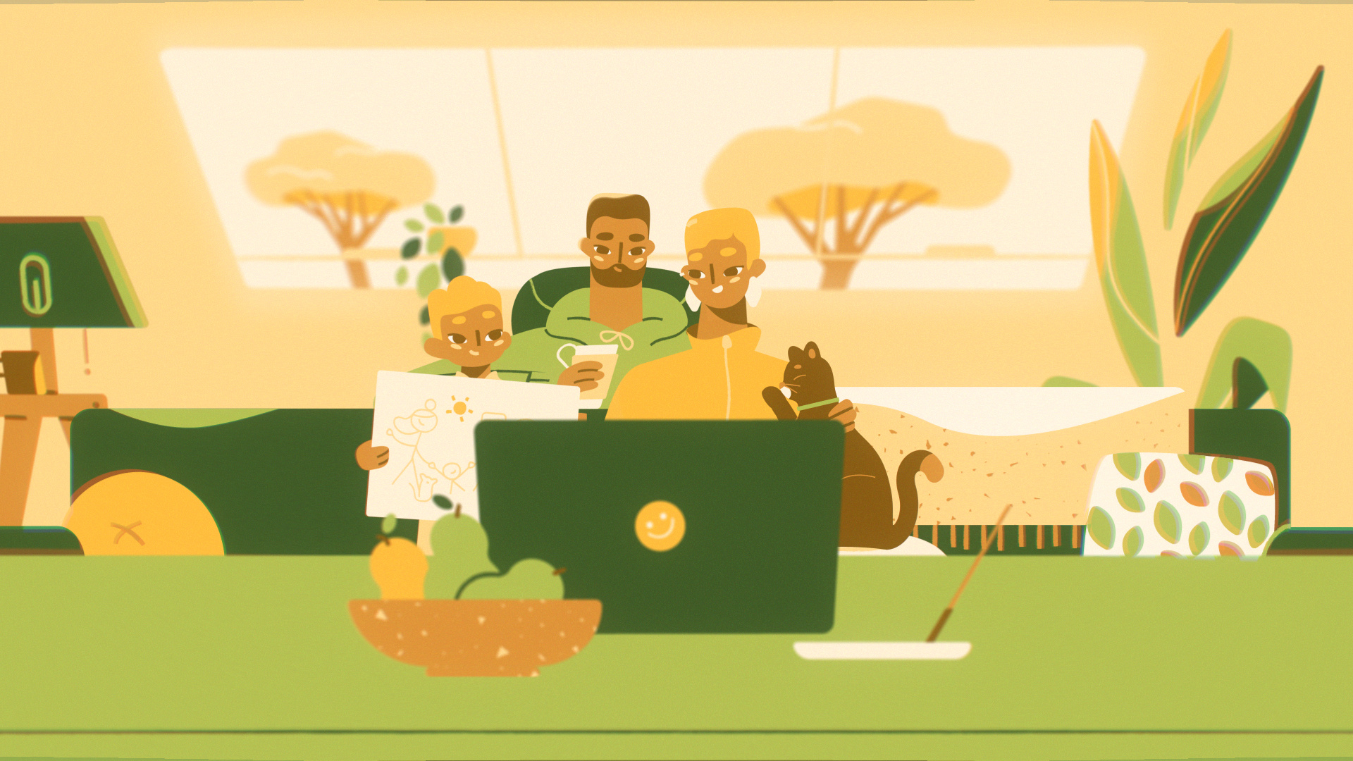 Family time cat character design characters comfort couch cozy decor explainer video family home house illustration laptop living room sofa storyboard table texture