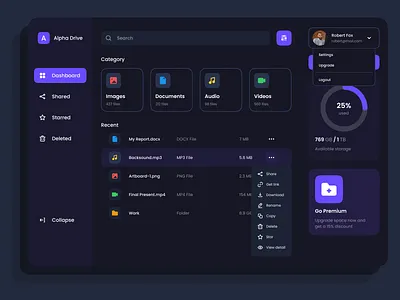 [Dark] Alpha Drive - Cloud Storage Dashboad app branding clean cloud dark dark mode design drive dropbox explorations file manager gdrive google drive illustration logo mode online storage storage ui ux