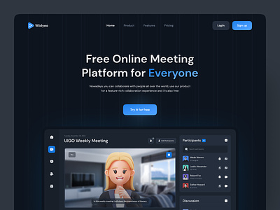 Online Meeting Landing Page 3d 3d icon 3d illudtration chat dark dark mode gmeet homepage landing page meeting online online meeting ui ux vide video call video conference web website zoom