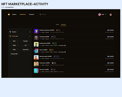 NFT Marketplace- Activity section blockchain defi nft nftmarketplace ui ux