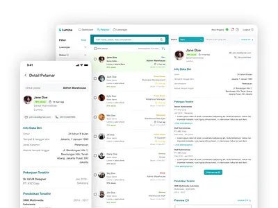 Lumina App - ATS (Application Tracking System) apply cms dashboard design indonesia job landing page platform side menu ui ux web app website worker