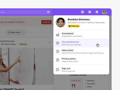 Profile menu action menu avatar crm details dropdown feed figma header hover information menu navigation product design profile score user interface