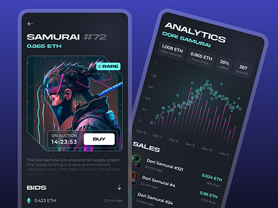 NFT Marketplace App app art chart collection colourful crypto dark data ethereum futuristic graph ios lumo marketplace mobile neon nft trading ui ux