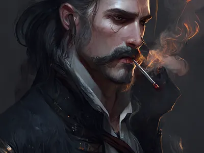 Dark haired witcher with big mustache smoking a cigarette, smoke 3d graphic design illustration