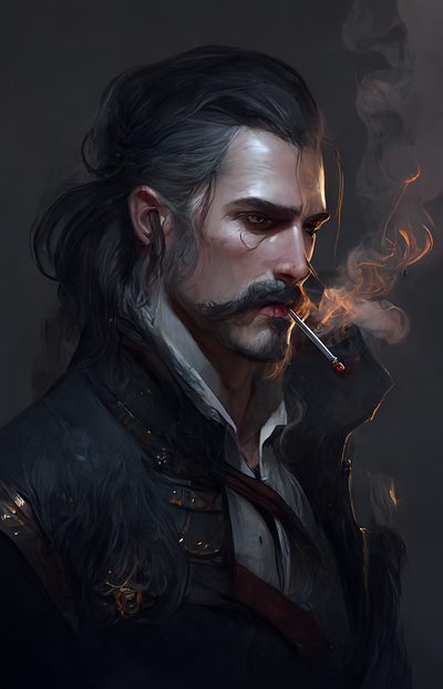 Dark haired witcher with big mustache smoking a cigarette, smoke 3d graphic design illustration