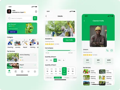 Home Services App UI | Flutter Development android app booking clean cleaning services design flutter freelancer home cleaning home repair home service ios laundry mobile mobile app painting plumbers repairing service ui worker