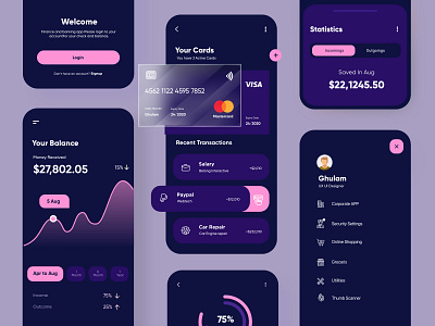 Banking and Finance Mobile App app bank dark mode finiace modern pink ui ux
