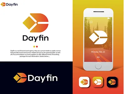 Dafin logo design for a fictional travel agency artificial intelligence branding logo company develops digital agency it company letter logo mobile app modern logo nft landing page robot chat simple logo software studio tech logo tech technology developer travel agency travelling packages vector web sites