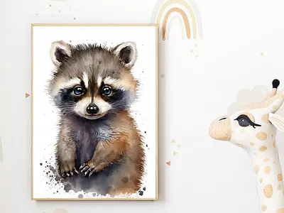 Watercolor Baby Raccoon Nursery Wall Art Décor animal print art print baby animal baby raccoon baby room baby shower gift cute nursery gender neutral home decor instant download kids room modern nursery nursery art nursery decor printable wall art wall decor wall hanging watercolor woodland theme