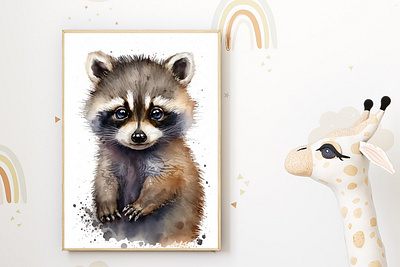 Watercolor Baby Raccoon Nursery Wall Art Décor animal print art print baby animal baby raccoon baby room baby shower gift cute nursery gender neutral home decor instant download kids room modern nursery nursery art nursery decor printable wall art wall decor wall hanging watercolor woodland theme