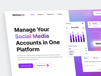 Netizen.io - Social Media Management Platform accounts analytic chart component content engagement gradient hero section impression landing page management media planning posting publishing saas schedule social social media web design