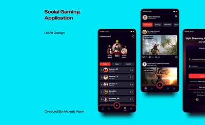 Social Gaming APP app blue color gaming design clean dark blue color design dark theme design game games gaming gaming application leaderboard minimal red color design social gaming social gaming app social network socializing ui user friendly ux