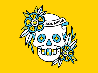 Aquarius aquarius astrology flower halftone illustration monoline skull tattoo zodiac