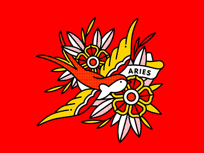Aries aries bird flower halftone illustration monoline nautical pop art swallow tattoo zodiac