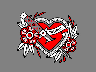 Taurus astrology dagger flash art flash tattoo halftone heart heartbreak illustration monoline pop art tattoo taurus zodiac