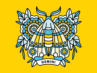 Gemini floral flower gemini halftone illustration insect monoline moth pop art tattoo zodiac sign