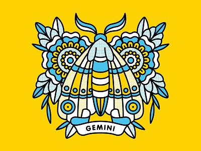 Gemini floral flower gemini halftone illustration insect monoline moth pop art tattoo zodiac sign