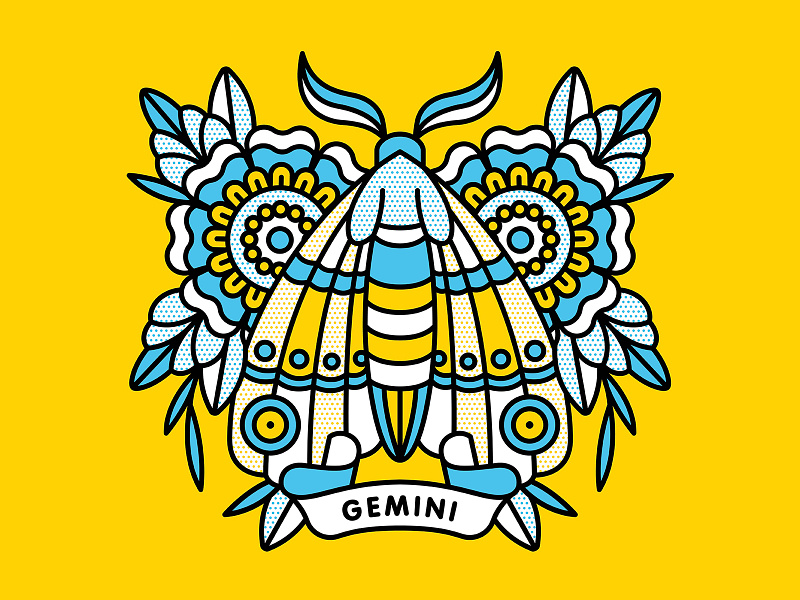 Gemini floral flower gemini halftone illustration insect monoline moth pop art tattoo zodiac sign