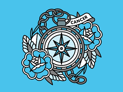 Cancer cancer chain compass halftone illustration monoline nautical pop art rose tattoo zodiac sign
