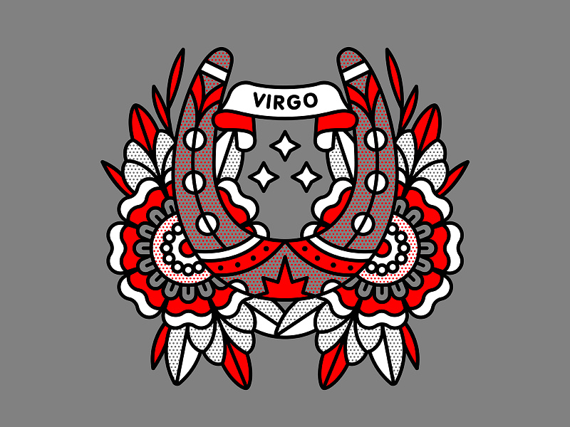 Virgo astrology flash tattoo flowers halftone horseshoe illustration monoline pop art tattoo virgo zodiac