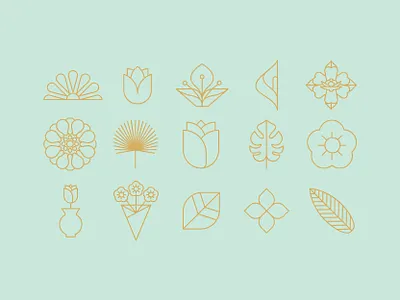 Token Blooms Icons art deco branding digital floral flower flowers geometric gold graphic design illustration leaf leaves logo monoline retro
