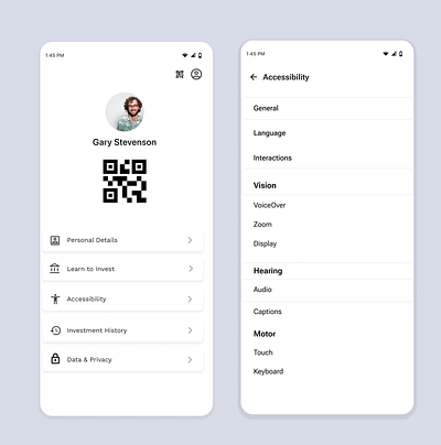 Settings section of an Investment App accessibility android app app design business design design thinking figma finance app inclusive design interface design investment app mobile app mobile design money prototype ui uidesign uxdesign vision visual design
