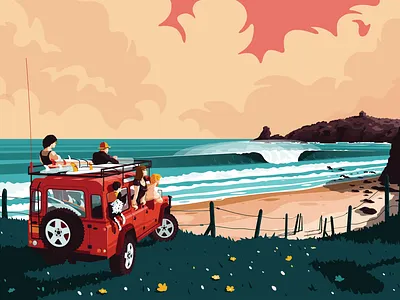 Argos 4x4 bodyboard car defender dog flat illustration offroad people sea surf surfing suv vector vehicule wave