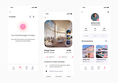 profile screen - favorite screen - estate screen design estate screen favorite screen figma mobile app designing profile screen ui user experience user interface ux ui design xd