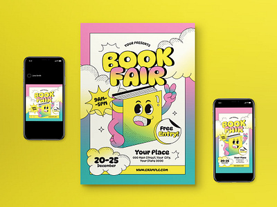 Colorful Pop Art Cartoon Book Fair Flyer Set book fair book fair event cartoon cartoon style colorful gradient graphicook studio pop art pop art style