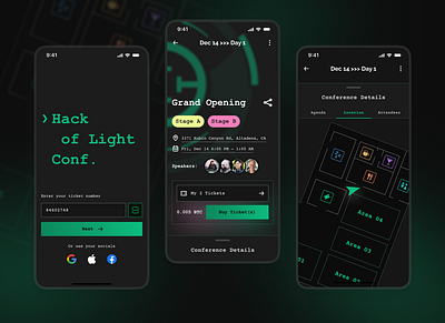 Conference App (concept) conference dark theme event hackers map mobile app tickets venue map