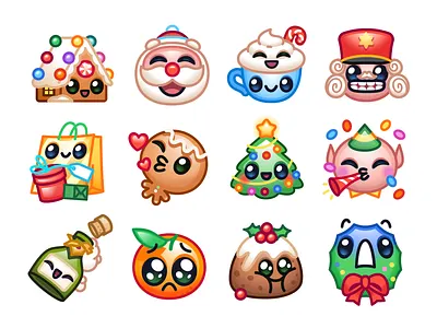 Xmas Emojis champagne character christmas christmas tree claus elf emoji emojis gift gingerbread house illustration mishax new year nutcracker pudding santa tangerine wreath xmas