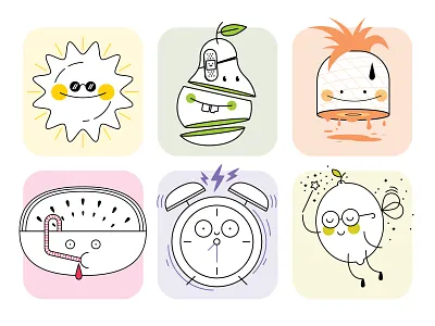 Cold Press Juice Labels 2d branding character character design color colorful design fruits fun icon identity illustration lemon packaging pear pineapple summer sun vector watermelon