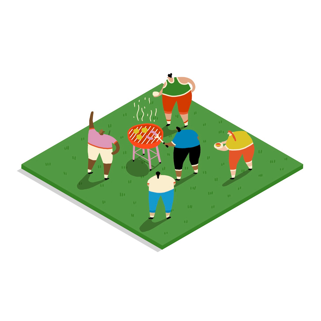 Lovely BBQ in the Sun advert barbecue bbq beef character colour editorial food food illustration friends fun grilling illustration isometric la times meat people sharing food standing in garden sun