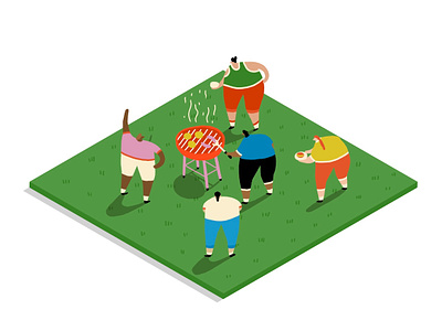 Lovely BBQ in the Sun advert barbecue bbq beef character colour editorial food food illustration friends fun grilling illustration isometric la times meat people sharing food standing in garden sun