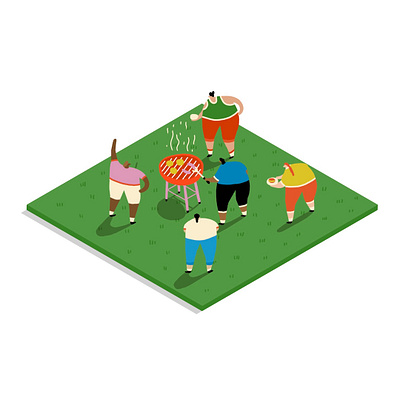 Lovely BBQ in the Sun advert barbecue bbq beef character colour editorial food food illustration friends fun grilling illustration isometric la times meat people sharing food standing in garden sun