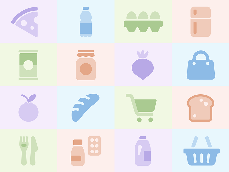 Evouchers - Iconography brand branding food groceries iconography icons identity logo pastel pattern toiletries