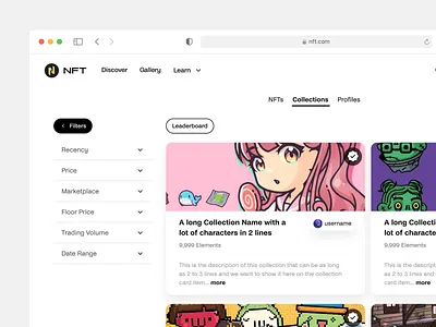 NFT Collections app branding card card layout collection crypto design filters leaderboard nft nft cards profile site snippets tabs ui username ux web web3