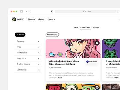 NFT Collections app branding card card layout collection crypto design filters leaderboard nft nft cards profile site snippets tabs ui username ux web web3