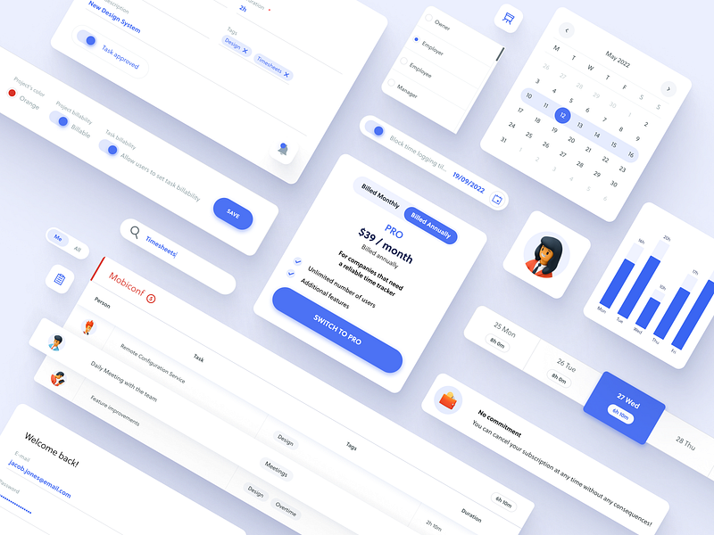 Quidlo Timesheets - Time Tracking Software Your Team Will Love app blue calendar clean design graphs miquido plan table time time tracking tracking ui ui kit ux web webdesign