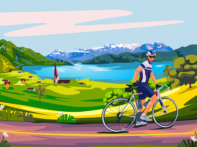 Cycler around the Lake Lucerne adobeillustrator art bicycle bike cycler cycling design graphic illustration lake likakedelashvili likawallace poster posterstyle sport track