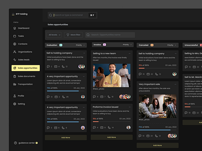 CRM - Sale opportunities cards contact crm dark dashboard drag kanban lead management organize progress saas sales sales opportunities task ui user interface ux web worklist