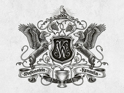 Wolfenstein Kennels - Coat of Arms bird branding coat of arms custom dog engraving etching grapes graphic design hand drawn heraldry illustration logo monogram pet shield tail typography wine wings