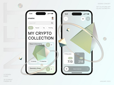 Glass Geometry — NFT Platform App design concept 3d 3dart app application crypto cryptoart cryptocollection design glass glassmorphism interface mobile nft nftart nftcollection ui