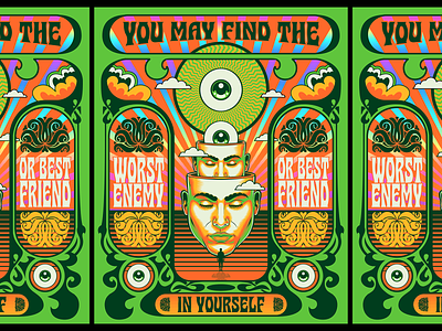 You may find the worst enemy or best friend in yourself design fantasy illustration motivation psychedelic retro surrealism typography vector vintage wisdom