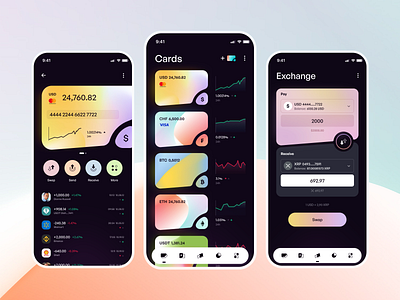 Mobile app - Troier app bank card credit crypto dark dashboard design finance fintech gradient investing mobile ui uiux ux wallet white