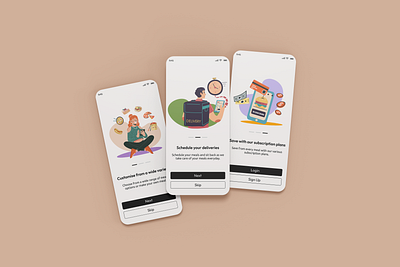 Onboarding Screen for Subscription Based Meal Delivery App adobexd app design artwork branding design figma high fidelity mock up illustration minimal illustration mobile app onboarding screen responsive design ui uiux user experience userinterface