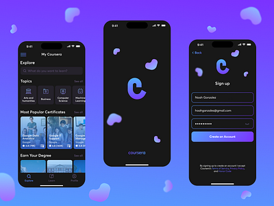 Redesign Coursera Dark Theme app certificate coursera courses dark theme design explore figma learn logo mobile mobile app redesign ui university ux