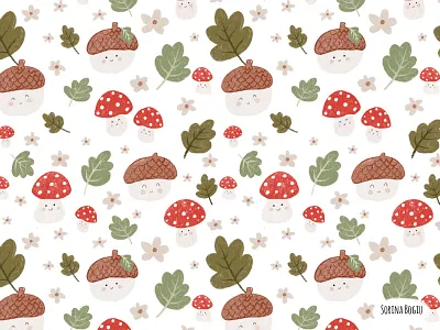 Forest Friends Pattern Design acorn autumn cute design fall flowers fun illustration illustrator kids fabric kids illustration mushroom pattern photoshop
